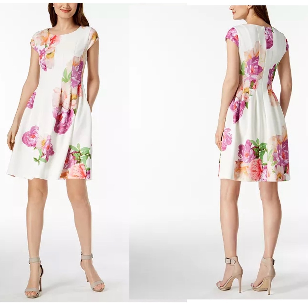 Calvin Klein Scuba Floral Flower Print Cap Sleeve Fit Flare Party Cocktail Dress
